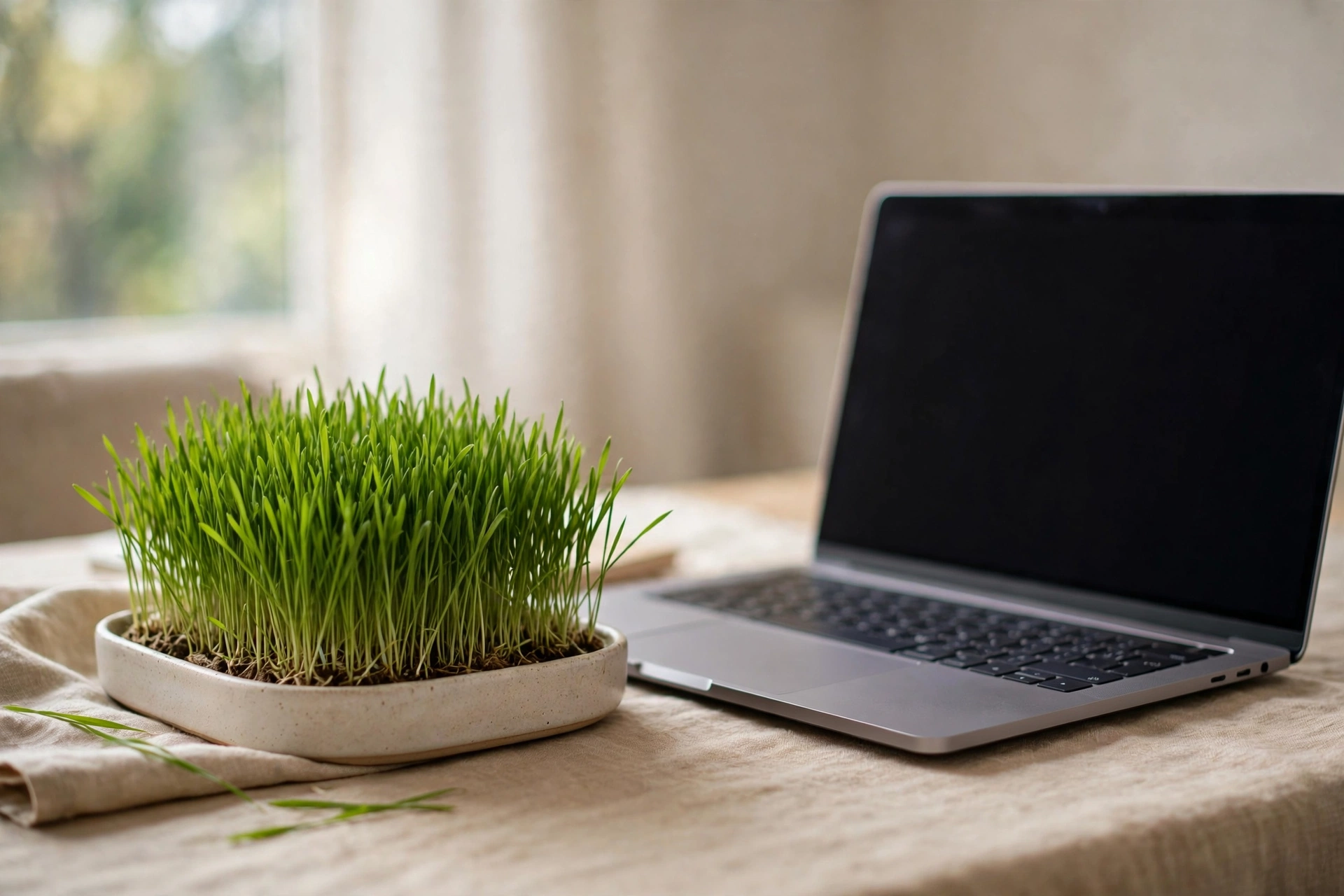 A Touch Grass plot on a desk next to a laptop