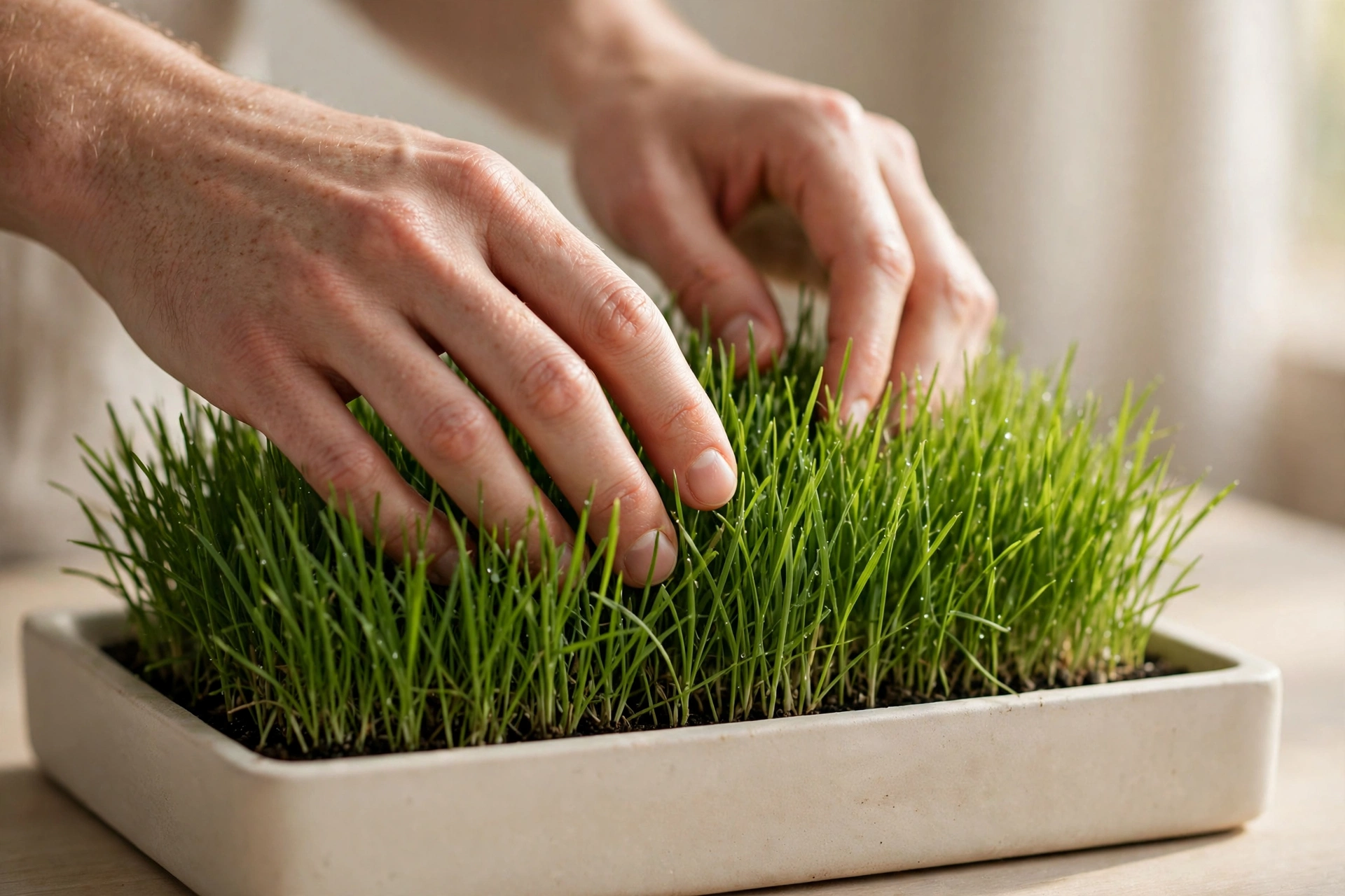Hands gently touching a tray of grass